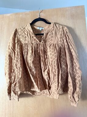 Madewell Eyelet Tie-Neck Blouse on in Mustard